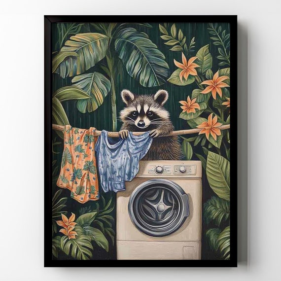 Raccoon Laudry Room Wall Art Funny Raccoon Lover Washing Machine Wall Decor Sign Houseplants Botanical Gift Idea Bathroom Framed Poster