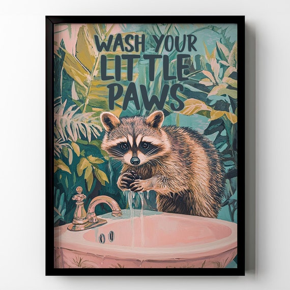 Wash Your Paws Wall Art Funny Raccoon Toilet Wall Decor Sign Houseplants Botanical Gift Idea Bathroom Restroom Framed Poster