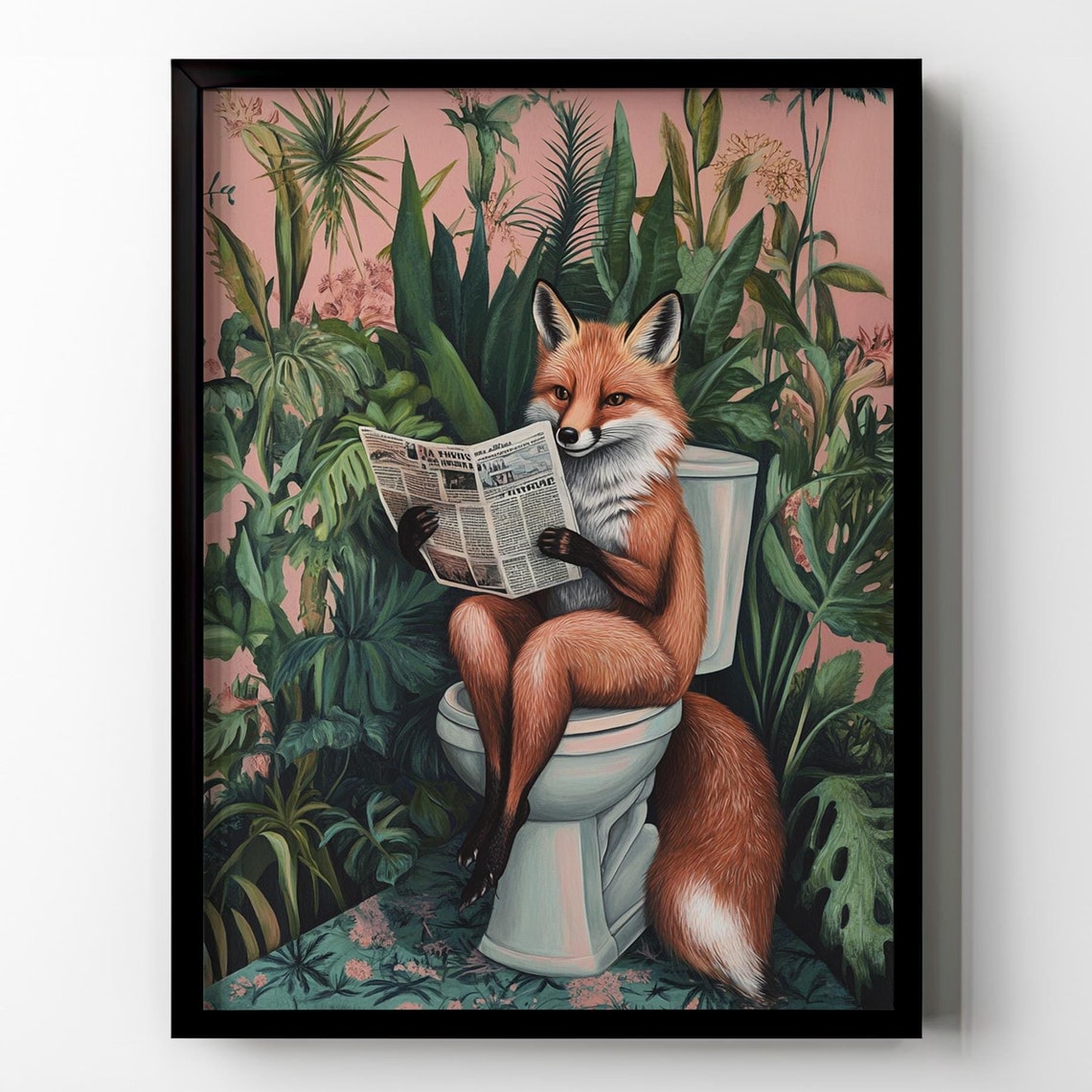 Clever Red Fox on White Toilet Reading Newspaper Tropical Poster