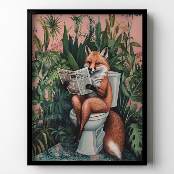 Fox Toilet Poster Print Funny Animal Bathroom Wall Art Wooden Frame Green Tropical Plants Vintage Botanical Gift Idea Restroom Framed Poster