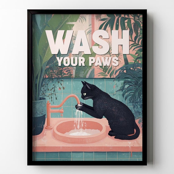 Wash Your Paws Black Cat Bathroom Wall Decor Funny Cat Lover Wall Art Tropical Plant Botanical Toilet Sign Poster