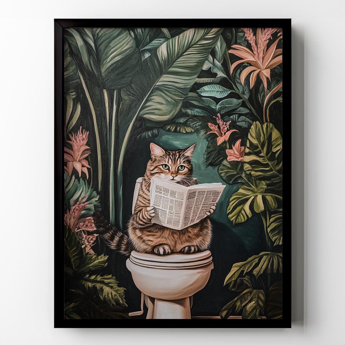 Tabby Cat on Toilet Reading Newspaper Dark Tropical Leaves Poster