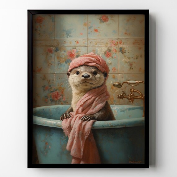 Otter In Bathtub Poster Print Funny Bathroom Wall Art Wall Decor Sea Otter Vintage Floral Oil Painting Gift Idea Matte Poster