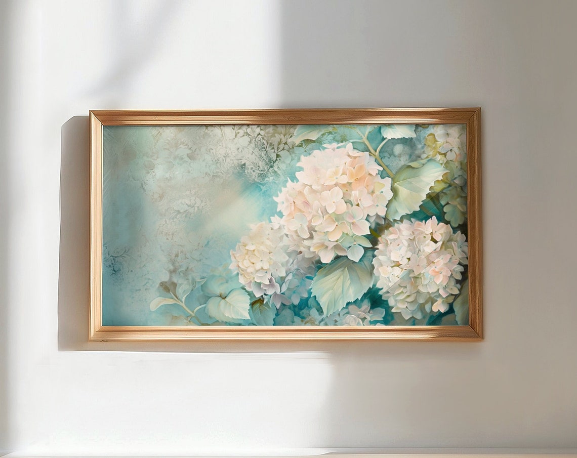 Blush Hydrangea Blooms Teal Background Vintage Floral Art Wall Poster - Image 2