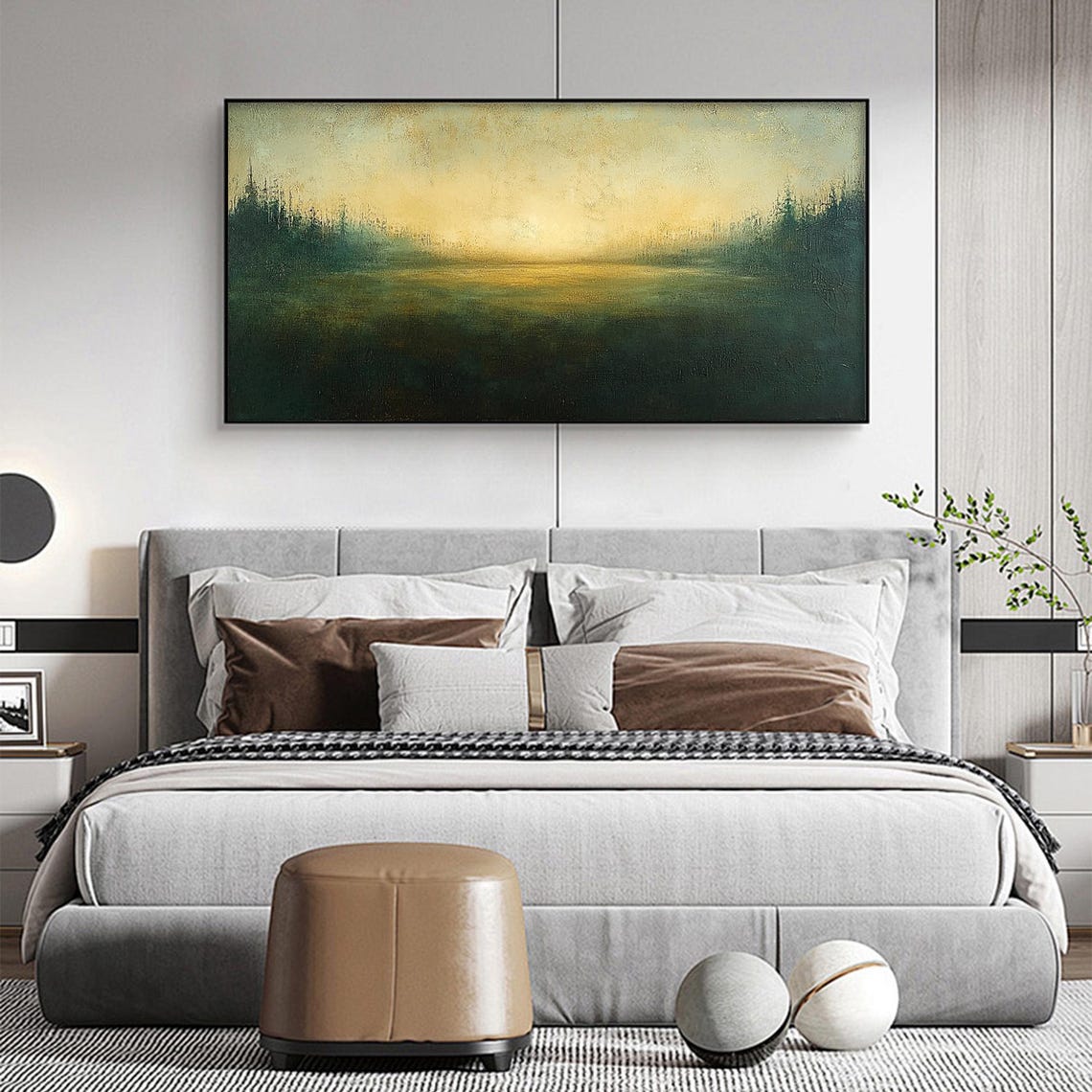 Dark Green Gold Abstract Meadow Dusk Panoramic Landscape Wall Art - Image 3