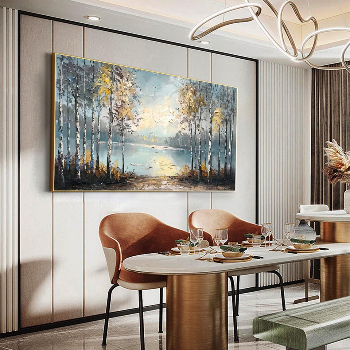 Golden Autumn Birch Forest Lakeside Morning Light Oil Painting Poster - Image 4