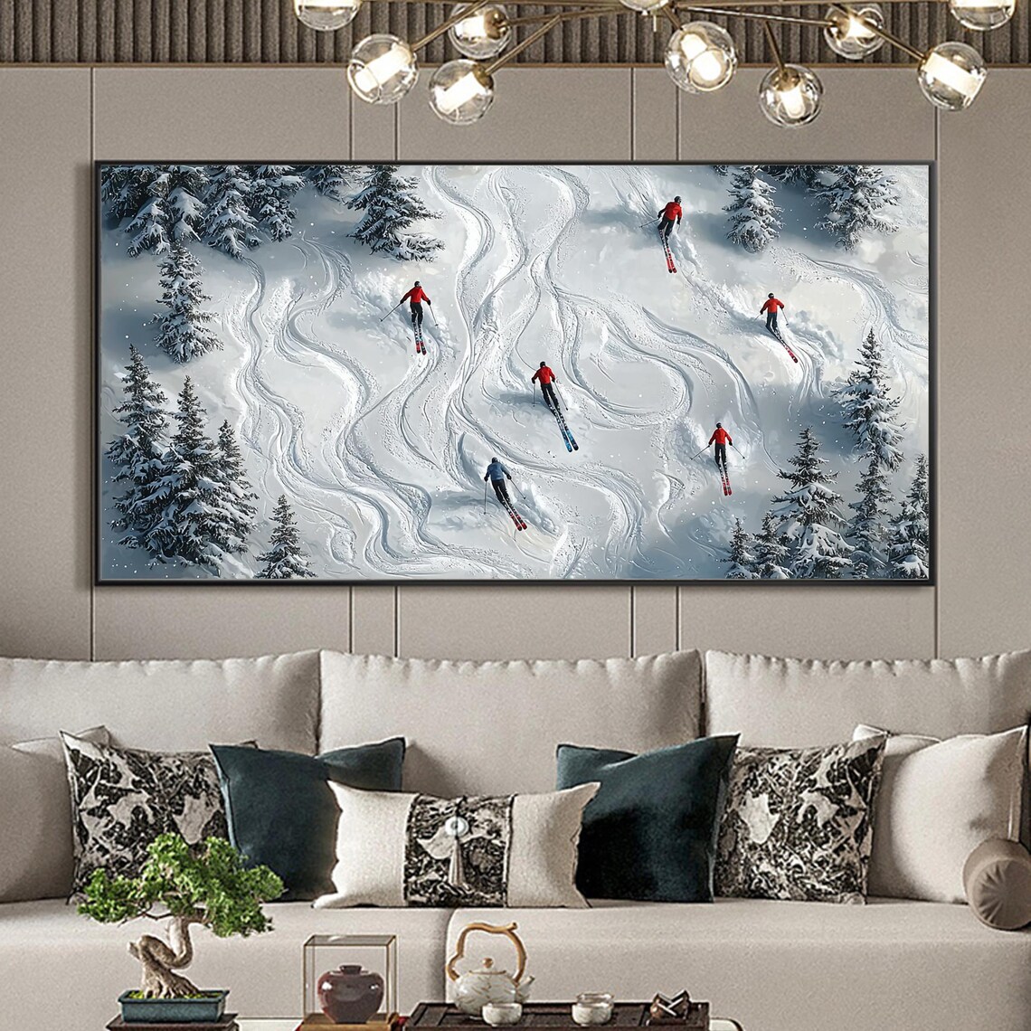 Skiers In Red Jackets Fresh Powder Aerial Winter Sports Art Poster - Image 4