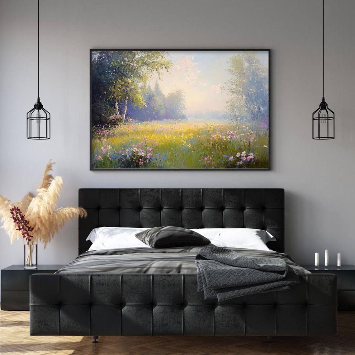 Spring Meadow Wildflowers Morning Mist Soft Pastel Oil Painting Poster - Image 2