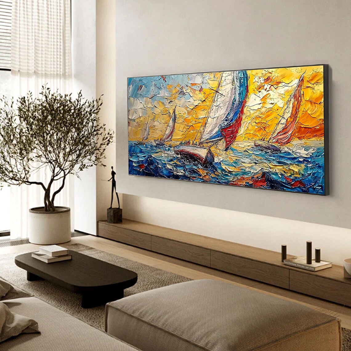 Sailboats At Sunset Golden Sky Textured Ocean Seascape Oil Painting - Image 3