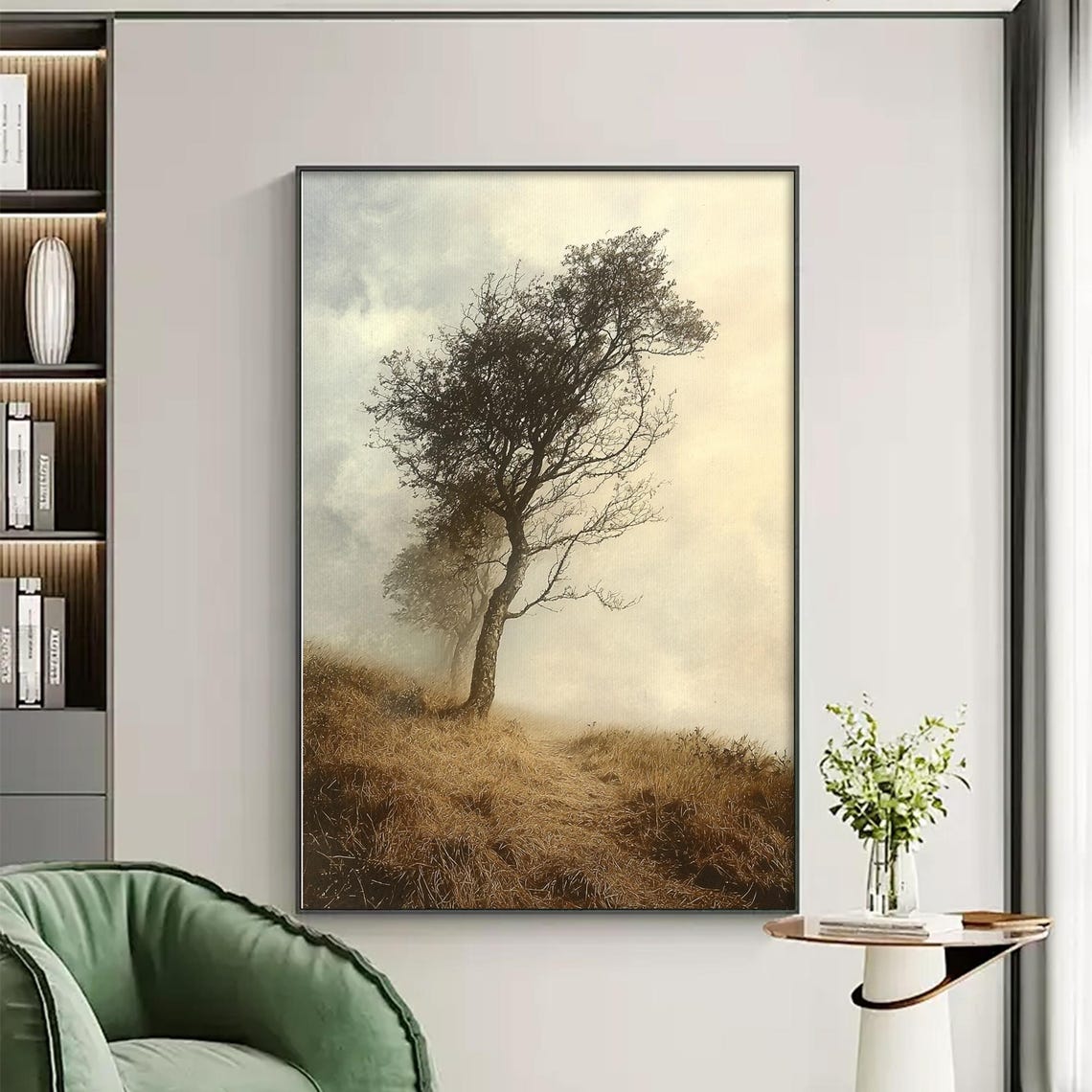 Twisted Tree Golden Field Sepia Haze Vertical Landscape Wall Art