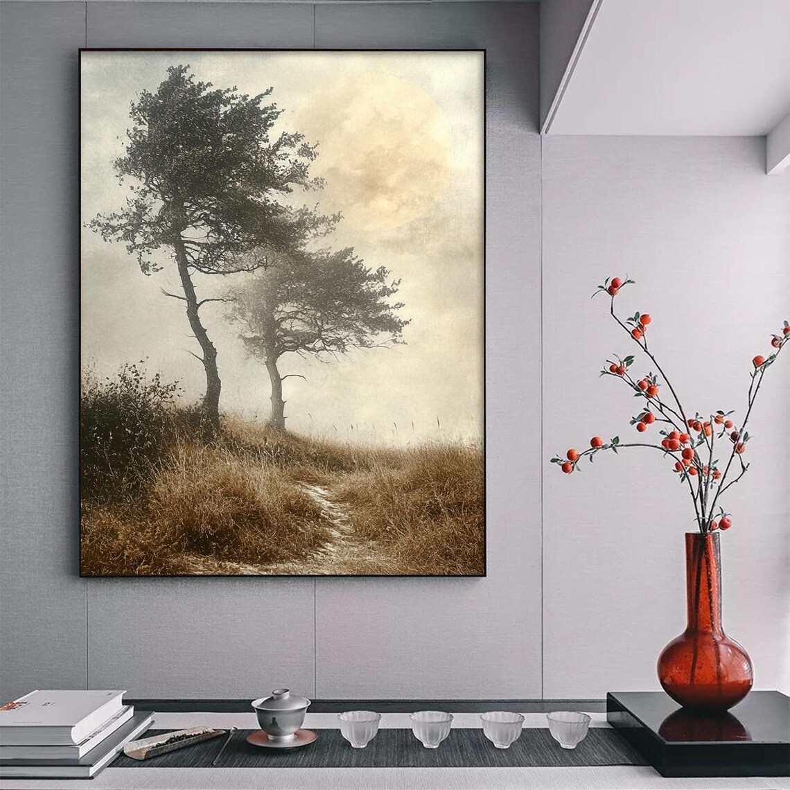 Lone Tree Golden Field Hazy Sky Vintage Landscape Wall Art Painting - Image 2
