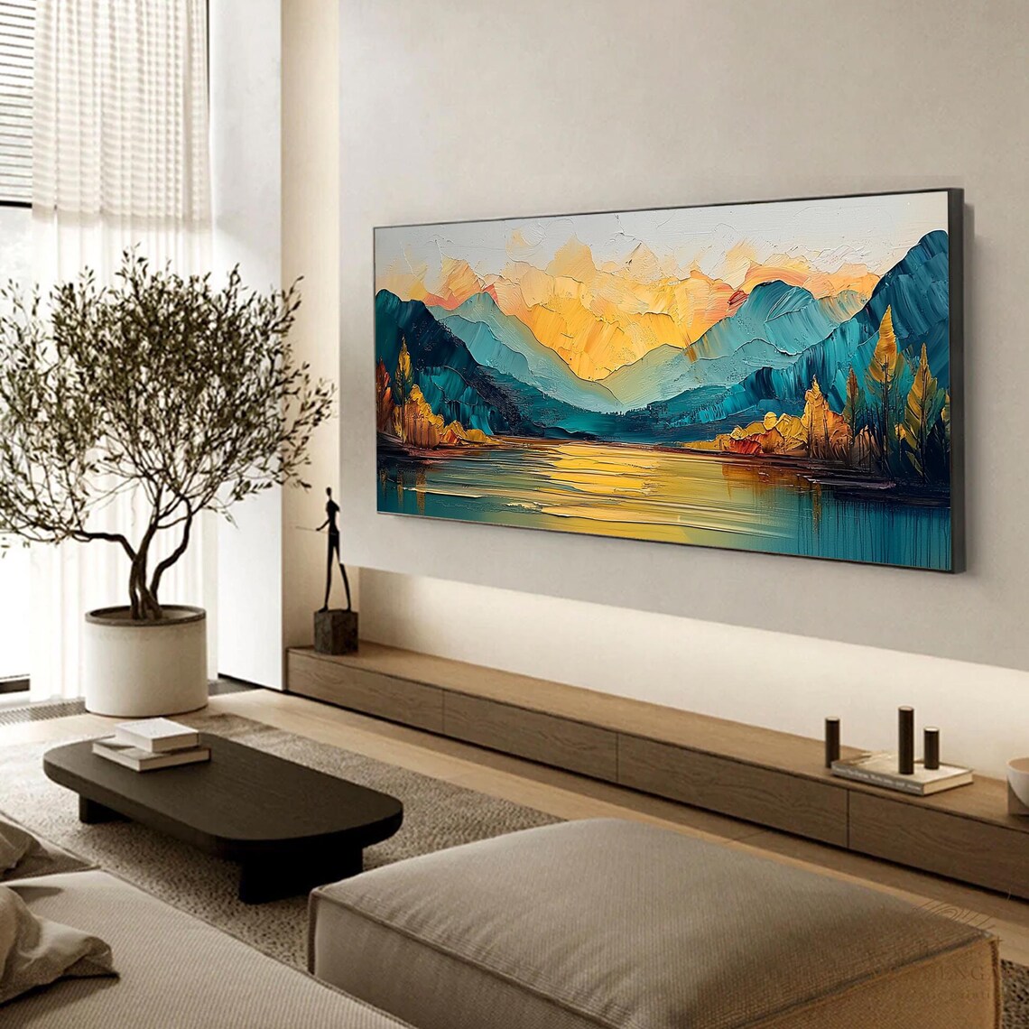 Teal Mountains Golden Sunset Sky Lake Reflection Oil Painting Poster - Image 3