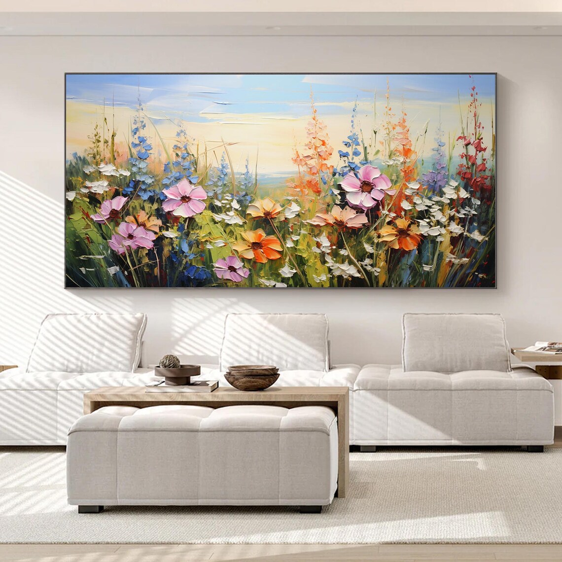 Pink Cosmos Orange Daisies Wildflower Meadow Blue Sky Painting Poster - Image 4