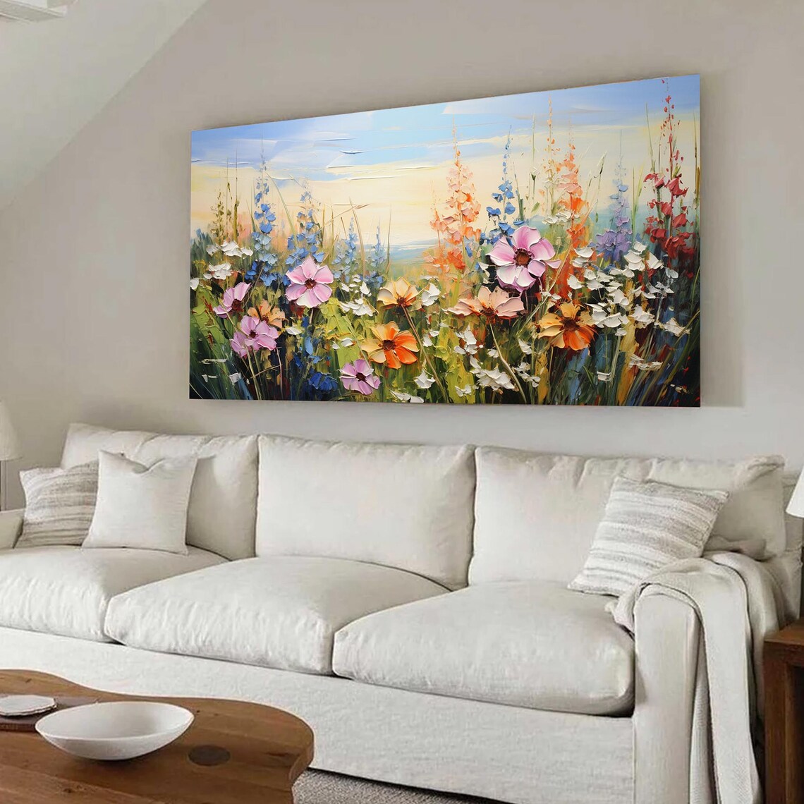 Pink Cosmos Orange Daisies Wildflower Meadow Blue Sky Painting Poster - Image 2