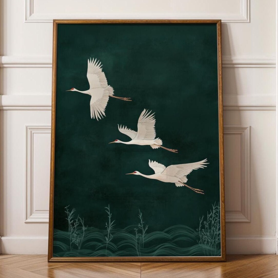 Japanese Cranes In Flight, Japandi Boho Art Print