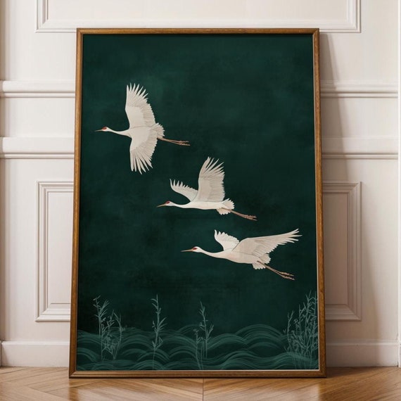 Japanese Cranes In Flight, Japandi Boho Art Print