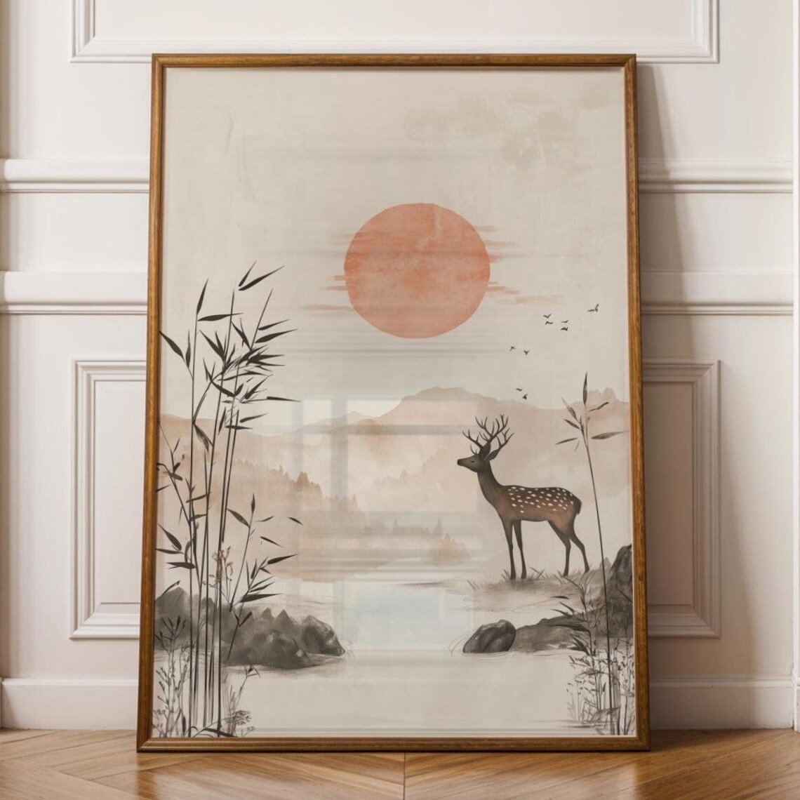 Japandi Deer Wall Art Minimalist Bamboo Forest Print Zen Nature Decor Meditation Modern Japanese