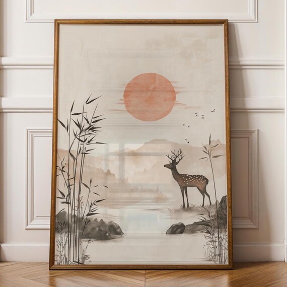 Japandi Deer Wall Art Minimalist Bamboo Forest Print Zen Nature Decor Meditation Modern Japanese