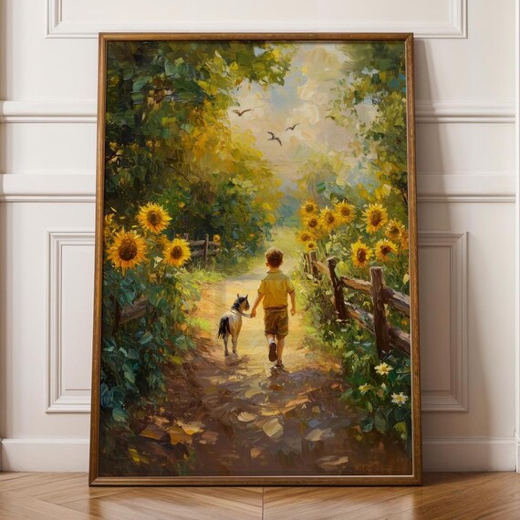 Boy With Pony Walking Sunflower Country Lane Impressionist Poster