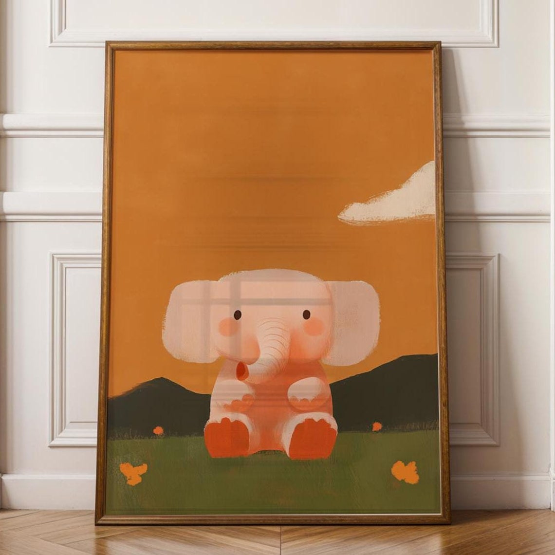 Cute Elephant Baby Room Decor Nursery Print Shower Orange Illustration Nurserywall Art