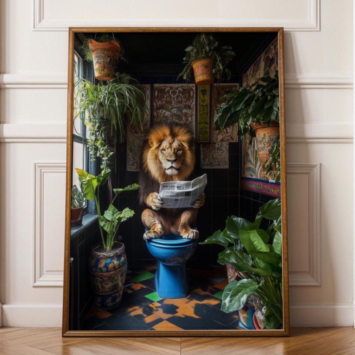 Funny Lion Reading Newspaper on Toilet Quirky Bathroom Poster