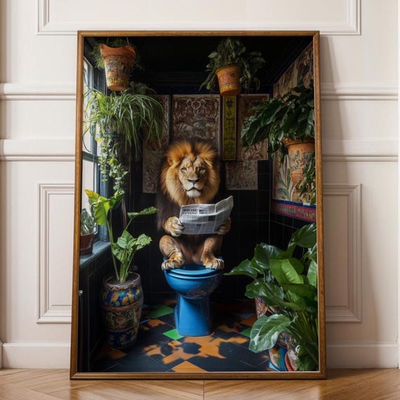 Funny Lion Bathroom Art Quirky Jungle Animal Print Modern Toilet Wall Decor Poster Safari