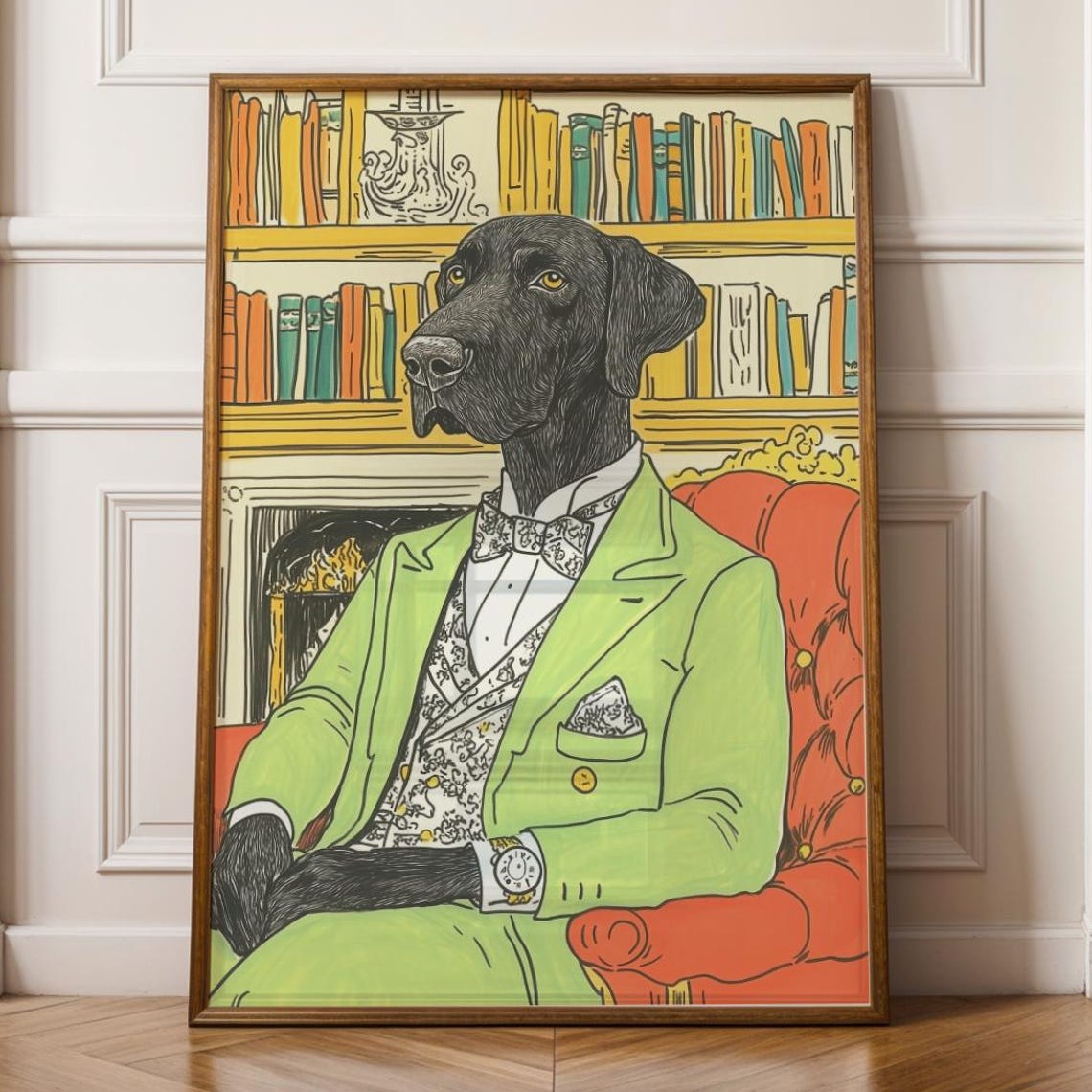 Whimsical Dog Wall Art Stylish Labrador In Library Unique Home Decor Gentleman Print Maximalist Animal Preppy