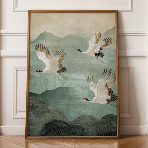 Japandi Japanese Crane Print, Zen Minimalist Poster