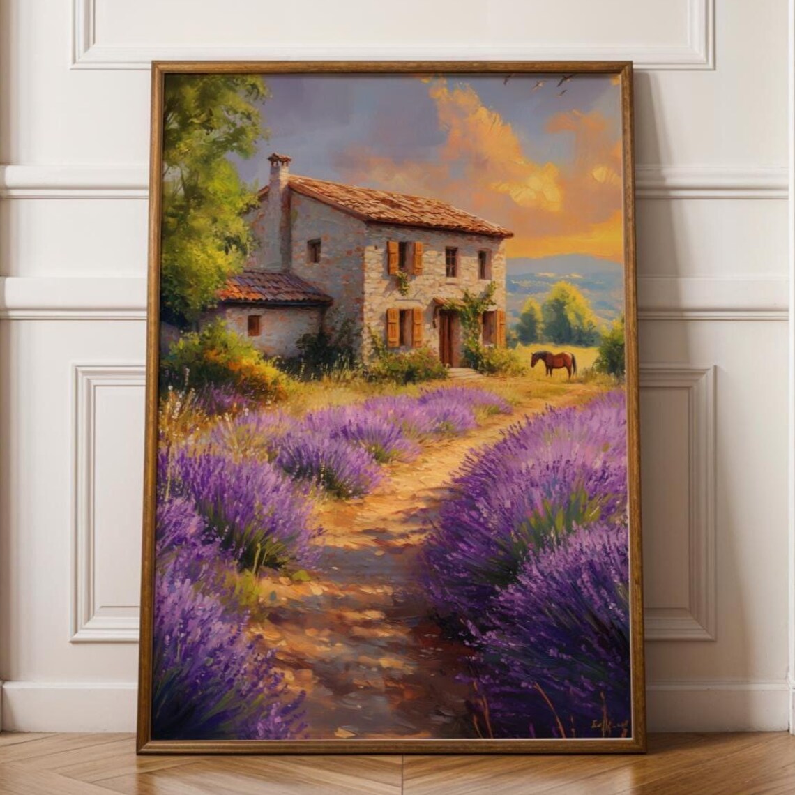 Lavender Field Stone Farmhouse Horse Sunset Country Painting Print