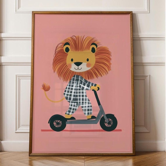 Lion On A Scooter Print Eclectic Nursery Wall Art Pink Playroom Boys Room Prints Nurserywall Playful