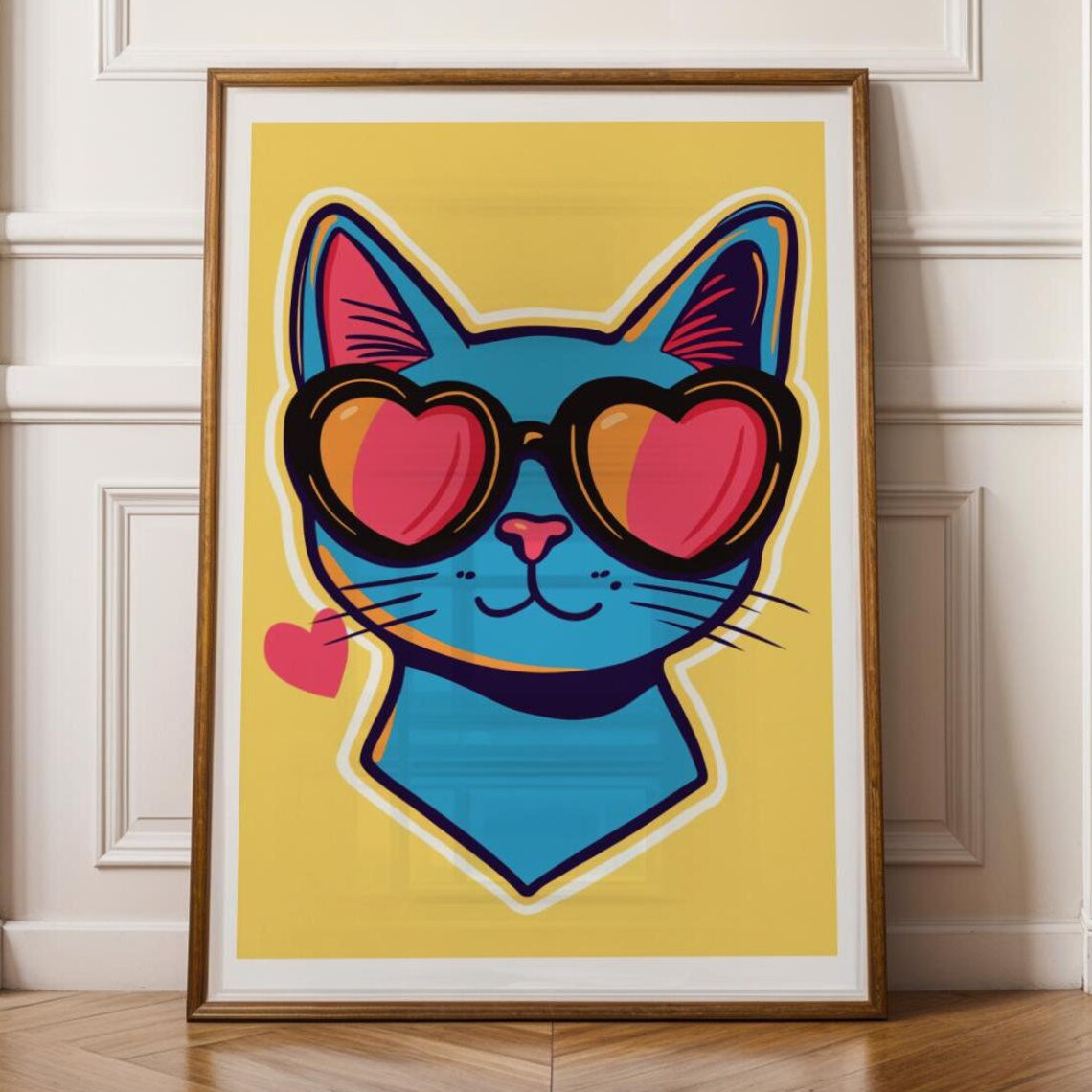 Blue Cat Pop Art Heart Sunglasses Retro Yellow Quirky Poster