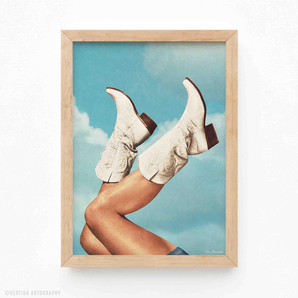 White Cowboy Boots Kicked Up Blue Sky Western Retro Art Poster