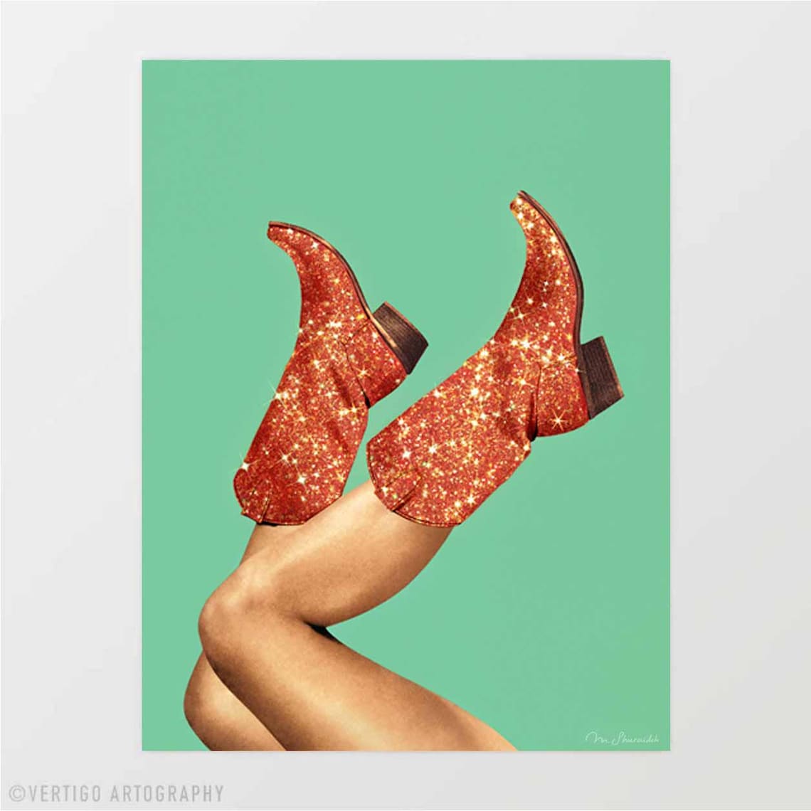Red Glitter Cowboy Boots Mint Green Western Fashion Art Poster