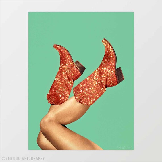 These Boots Glitter Showgirl Art Print Orange Rodeo Cowgirl Wall Decor