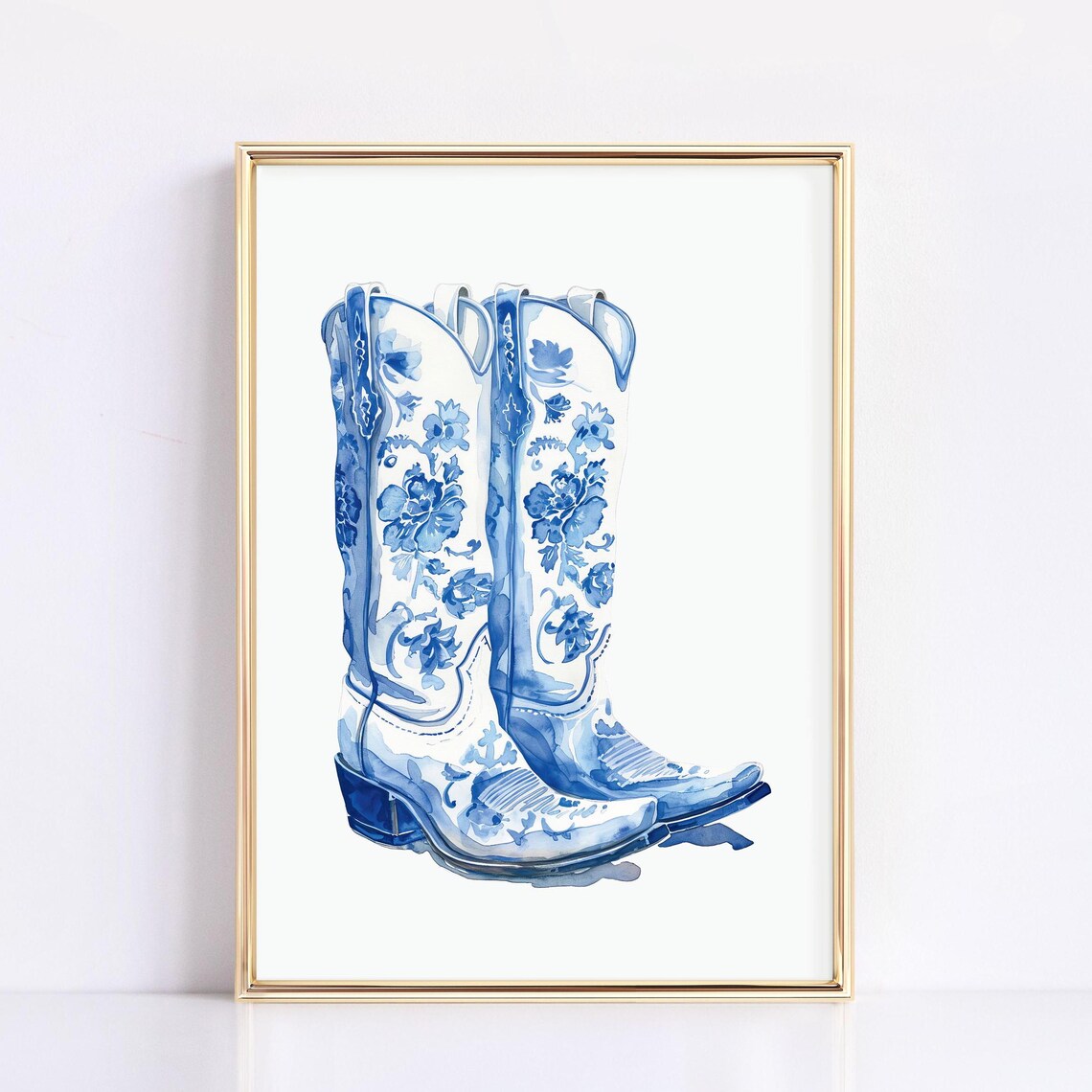 Blue And White Watercolor Cowboy Boots, Aesthetic Print