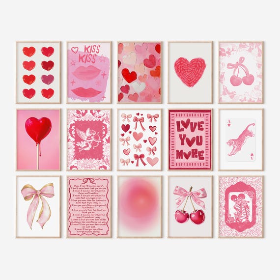 Bundle Of 15 Pink Valentines Day Prints Valentines Art Valentines Home Decor Pink Red Gallery Wall Love Wall Art Cute
