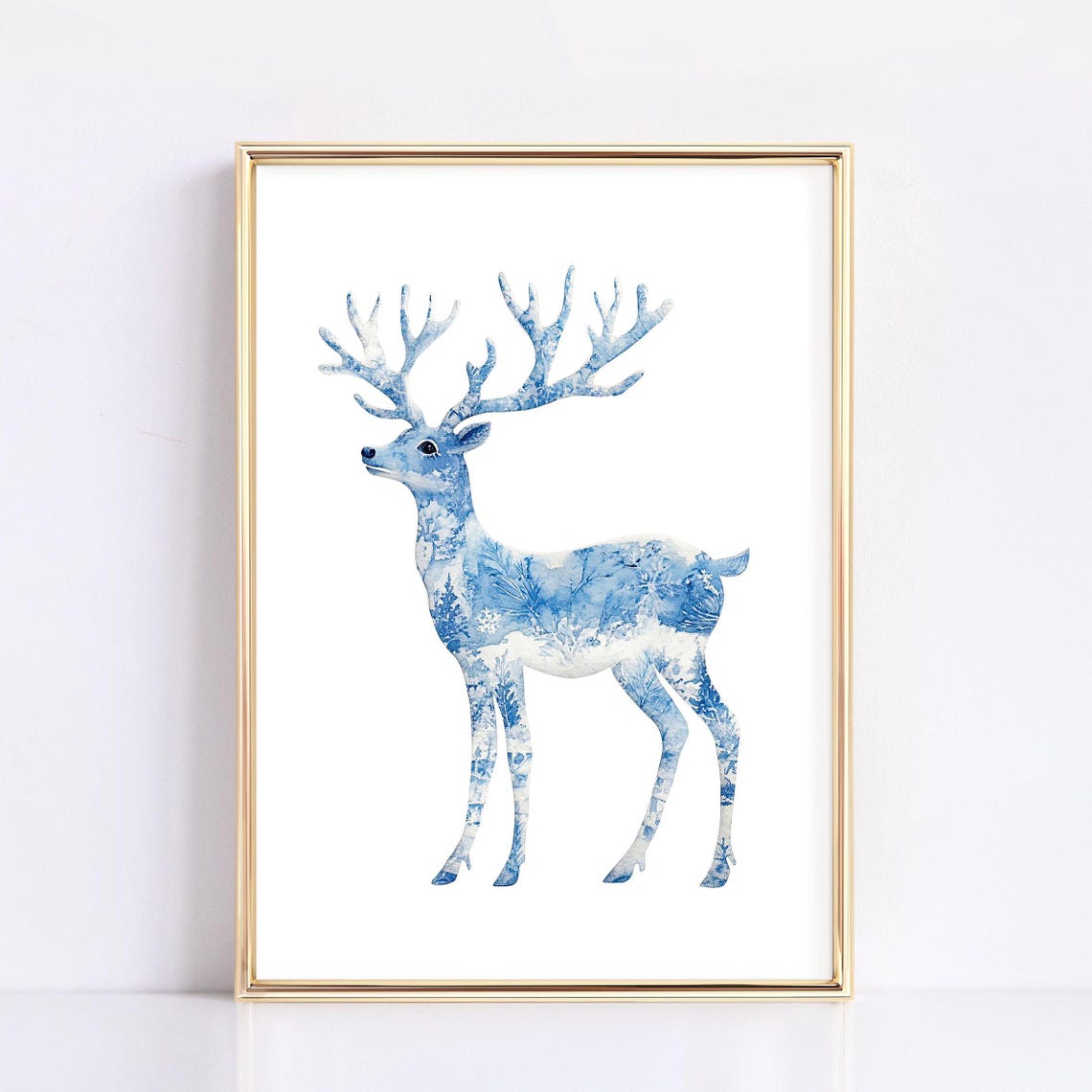 Blue Watercolor Floral Chinoiserie Deer Silhouette Christmas Wall Art