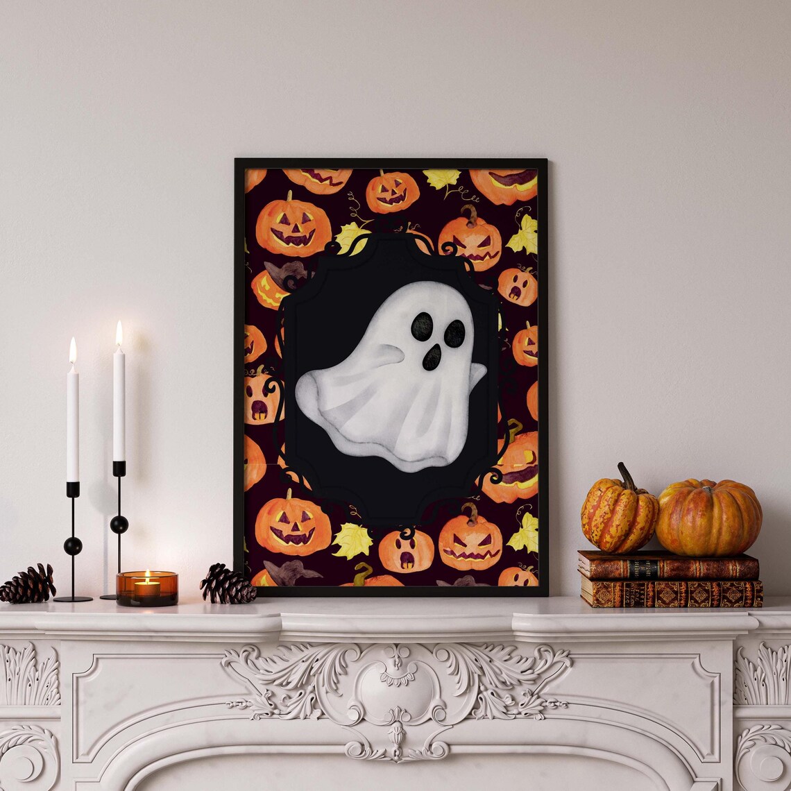 Cute Ghost Jack O Lantern Pattern Painting Playful Spooky Halloween Poster