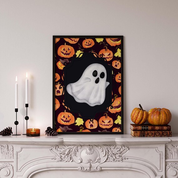 Cute Ghost Halloween Print Pumpkins Halloween Poster Spooky Decor Vintage Halloween Print Aesthetic Autumn Wall Art Witchy Decor Ghost