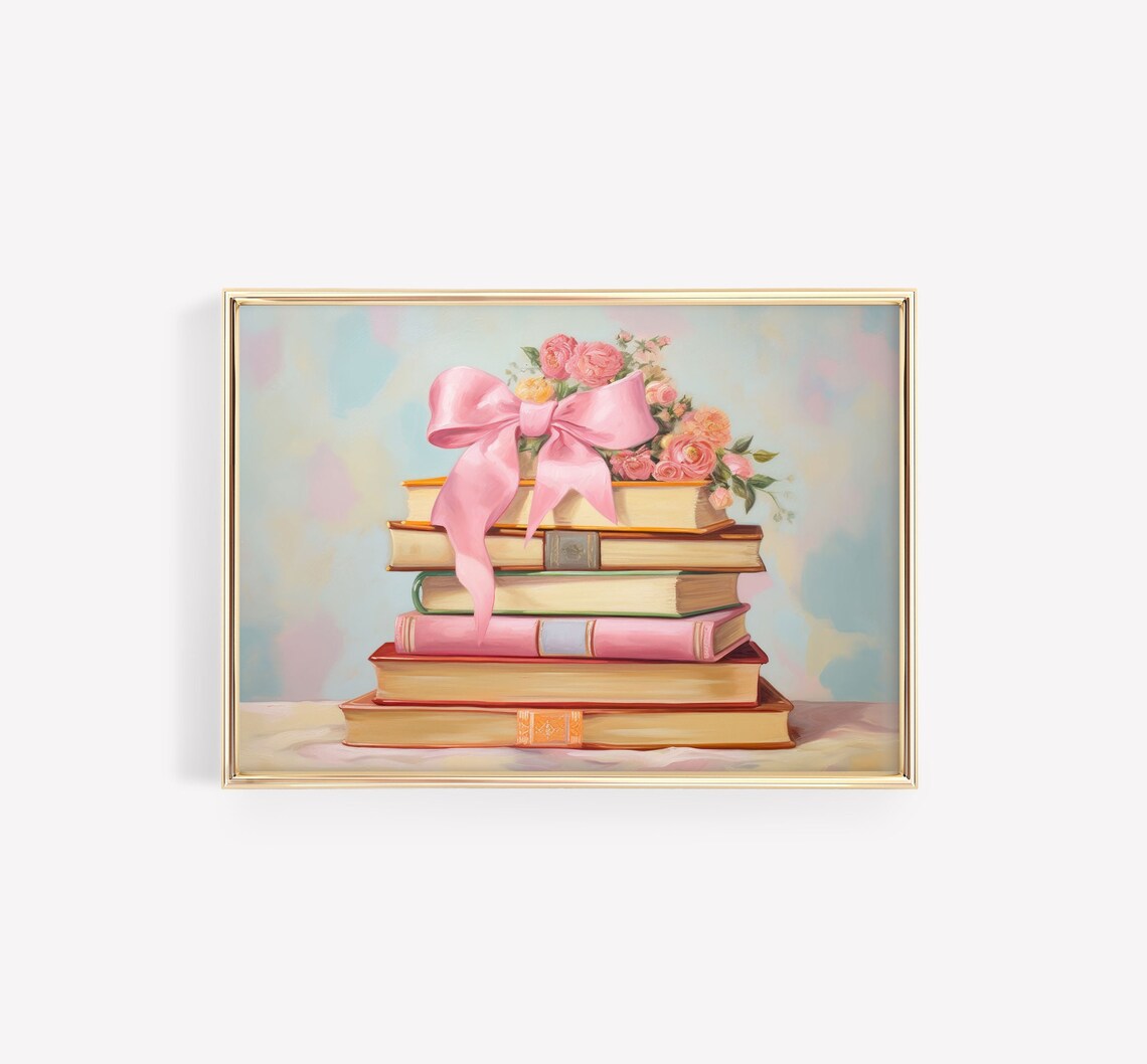 Books With Bow Art Print, Floral Summer Decor