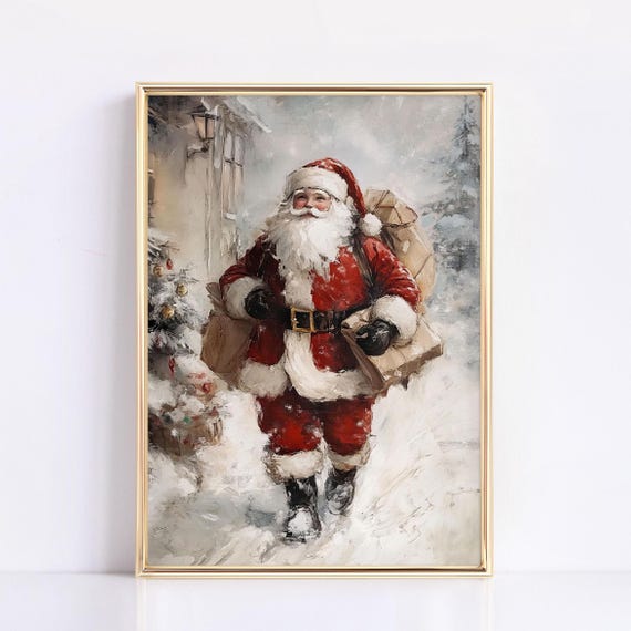 Santa Wall Art Physical Christmas Wall Art Xmas Holiday Decorations Farmhouse Christmas Moody Christmas Santa Painting Xmas Print Vintage