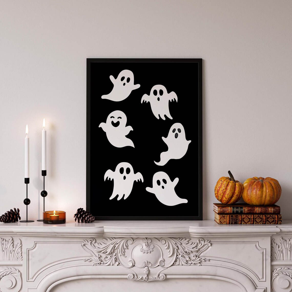 Cute Ghosts Print Black Halloween Posters Spooky Wall Art Spooky Decor Whimsigoth Decor Fall Wall Decor Neutral Fall Decor Ghost Painting
