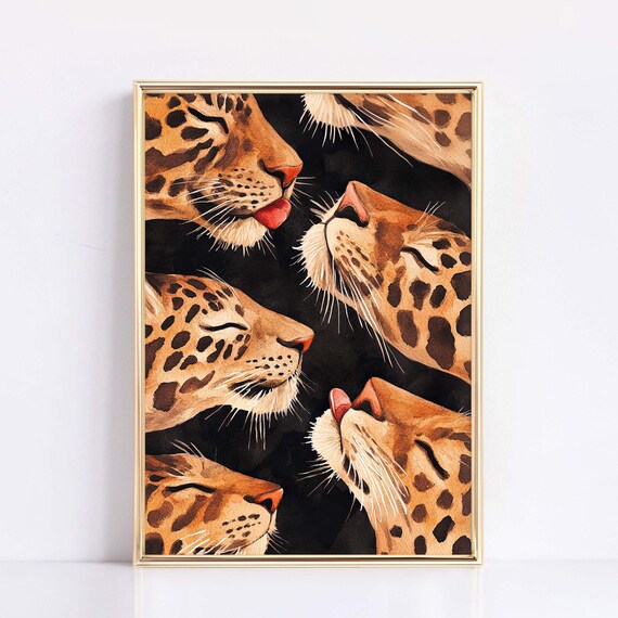 Watercolor Leopard Faces Pattern Black Background Trendy Wild Animal Poster