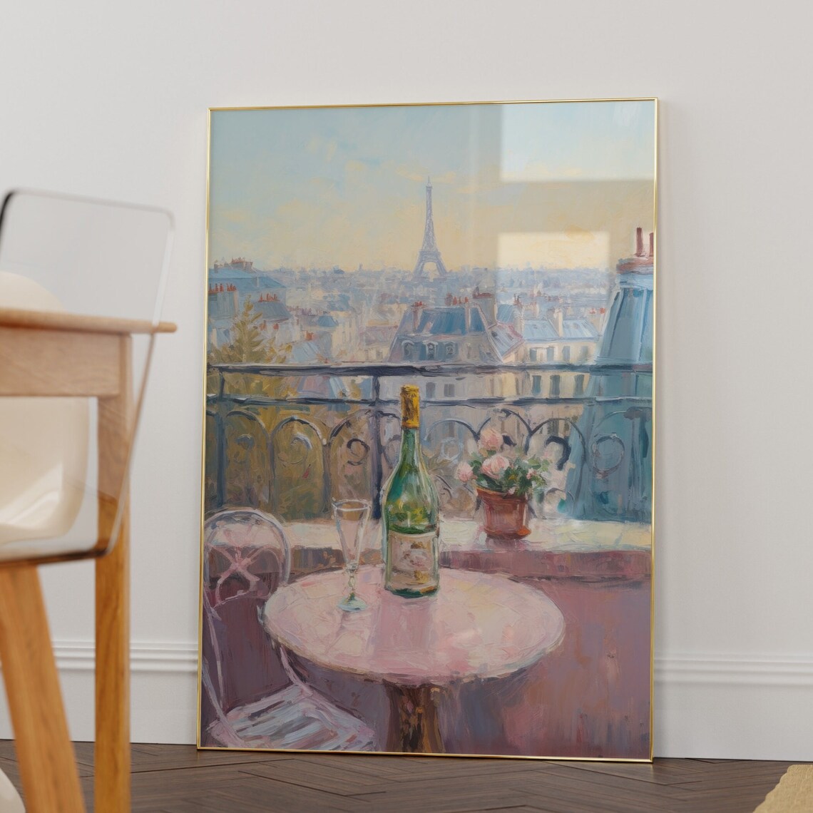 Paris Balcony Eiffel Tower Wine Glass Impressionist Painting Poster