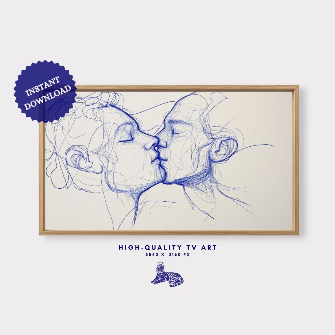 Blue Ink One Line Couple Kissing Profile Minimalist Romantic Art Print - Image 3