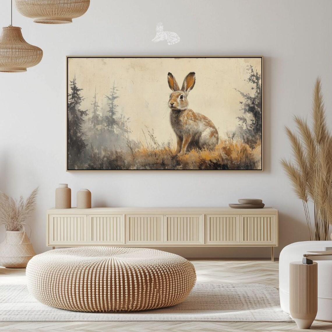 Wild Hare In Misty Woodland Vintage Wildlife Painting Rustic Print - Image 2