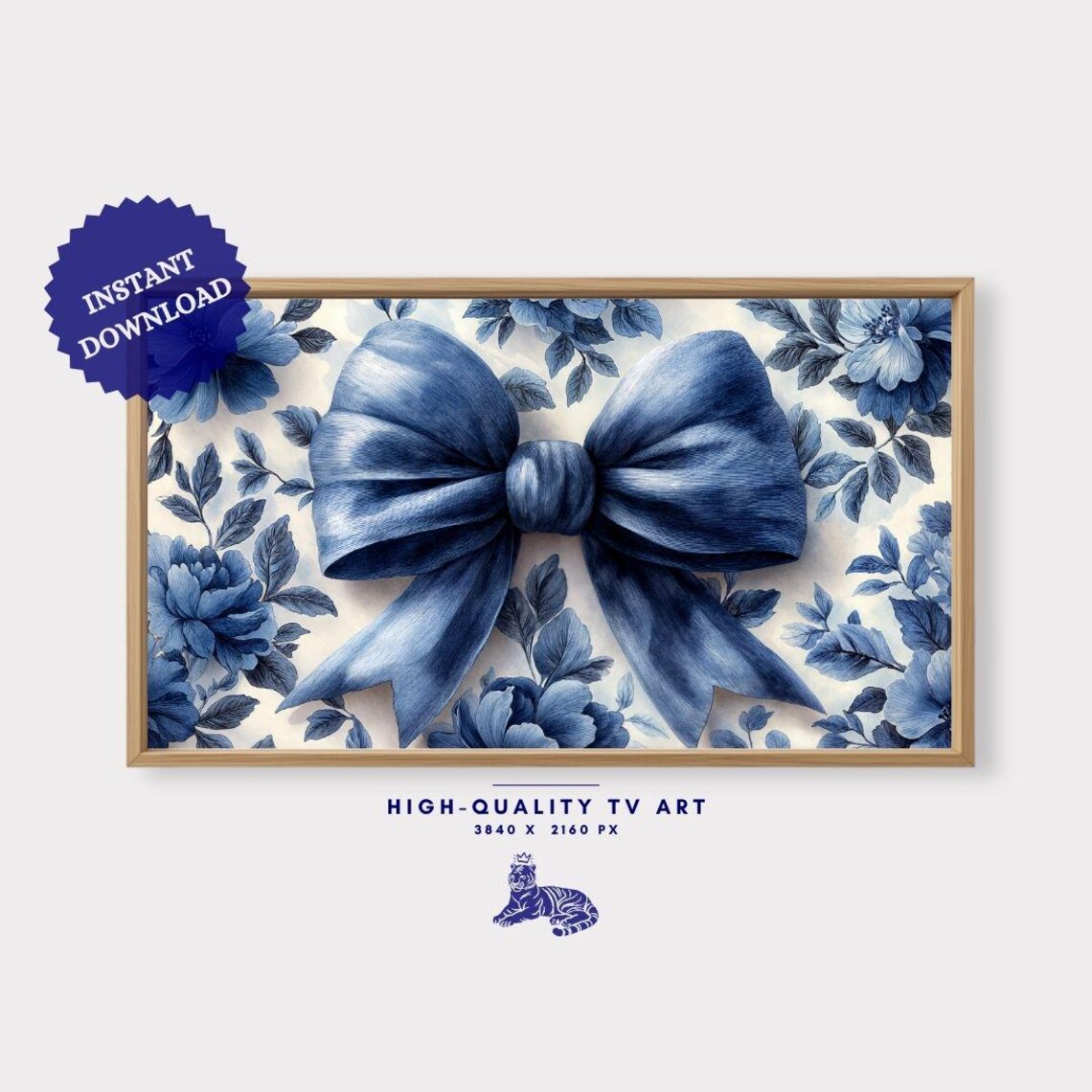 Navy Blue Bow Blue Floral Watercolor Coquette Romantic Ribbon Wall Art - Image 3