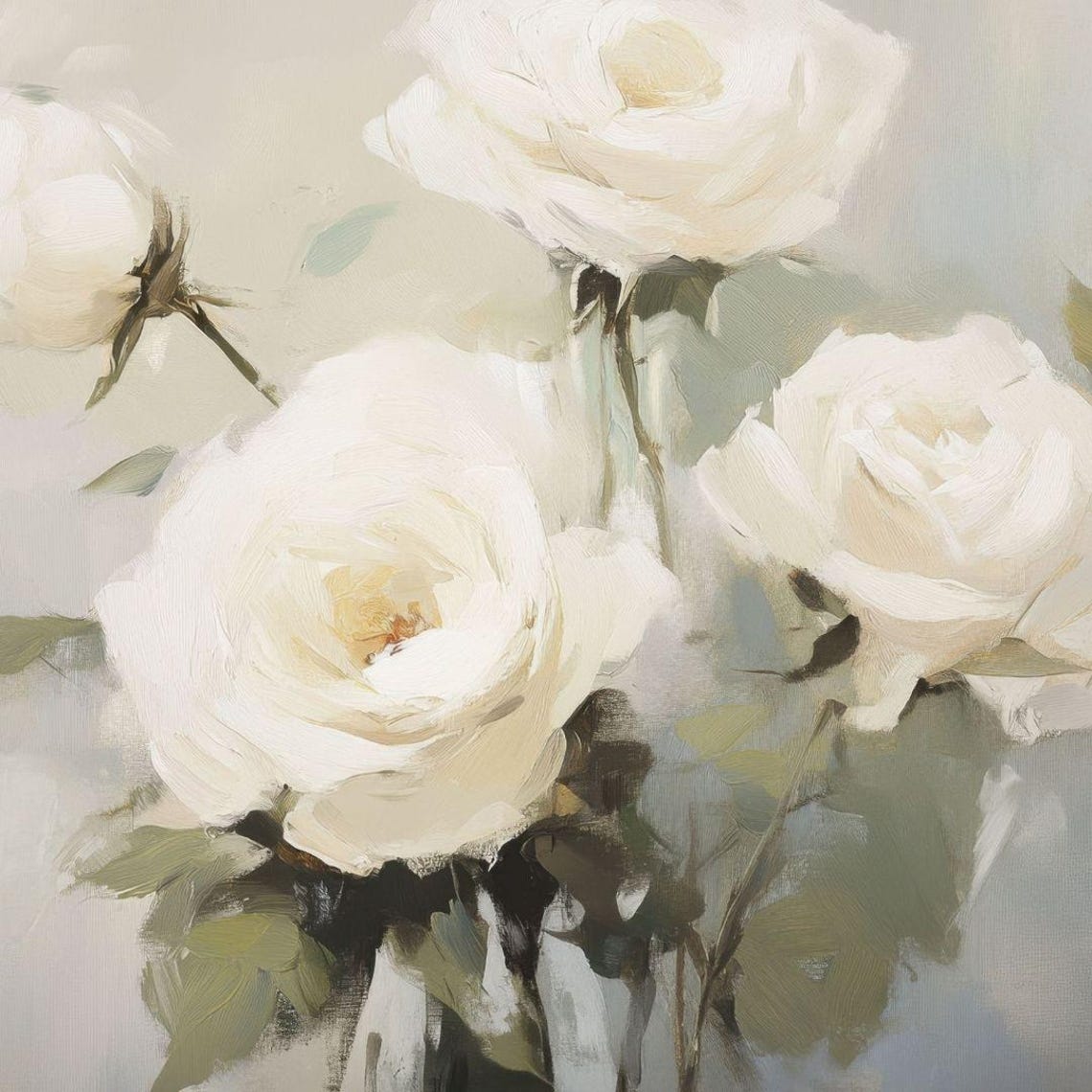 White Roses Soft Oil Painting Elegant Neutral Blooms Romantic Print - Image 4
