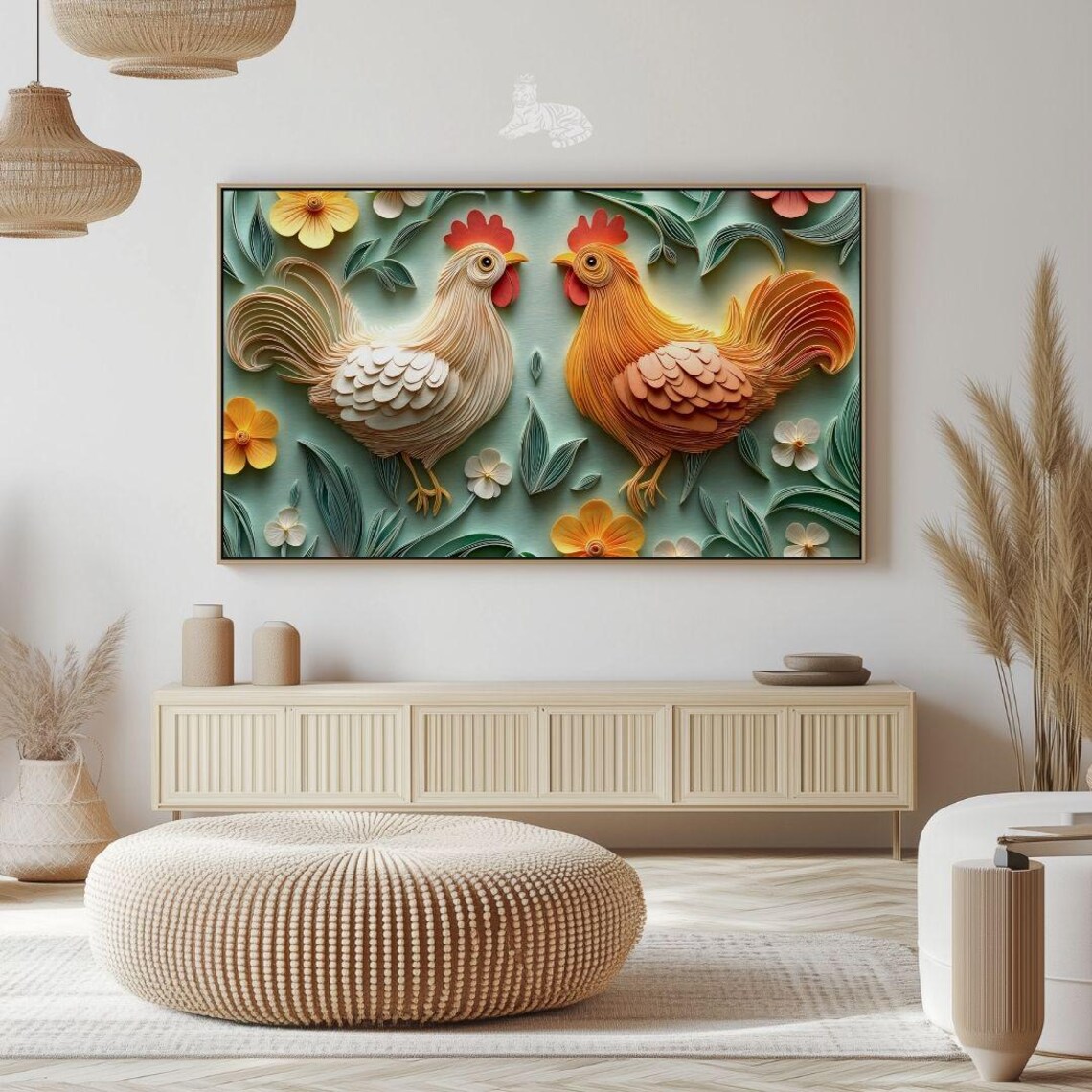 Paper Quilling Chickens Floral Folk Art Spring Rooster Chicken Poster - Image 2