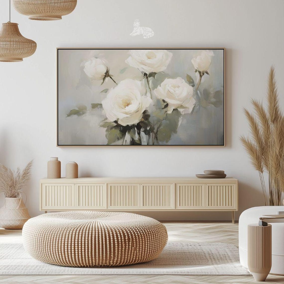 White Roses Soft Oil Painting Elegant Neutral Blooms Romantic Print - Image 2